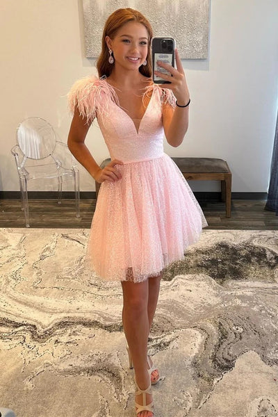 Pink Sequin-Embroidery V-Neck A-Line Homecoming Dress with Feathers LD3070702