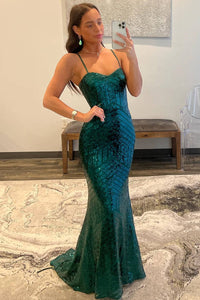 Mermaid Straps Dark Green Sequin Long Prom Dress MD121903