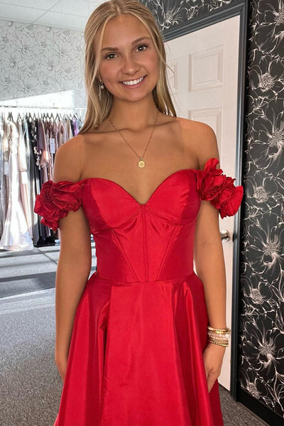Red Satin Off the Shoulder A-Line Long Prom Dresses with Slit MD120103