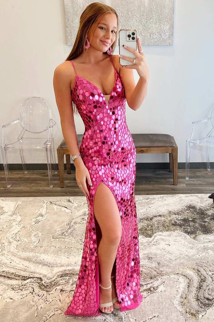 Pink Oval Glass Mirror V-Neck Long Prom Dress with Slit MD093002 Dressmeet Pink Oval Glass Mirror V-Neck Long Prom Dress with Slit MD093002 Dressmeet