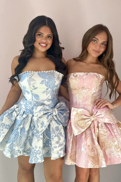 A Line Strapless Light Blue Jacqaurd Satin Homecoming Dress DM12070706