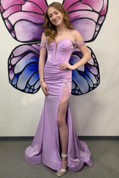 Mermaid Off the Shoulder Lilac Satin Long Prom Dresses MD4011404