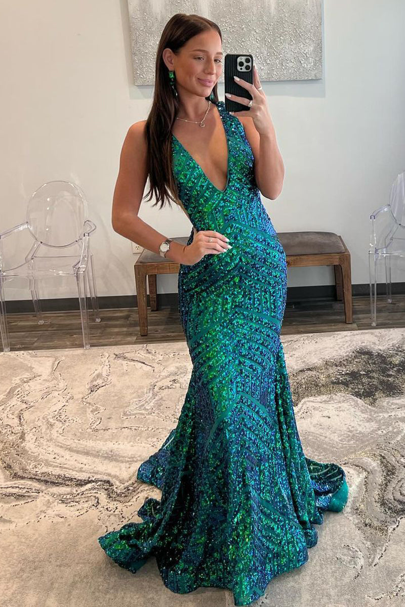 Green Sequins V Neck Mermaid Long Prom Dress MD121207 – Dressmeet