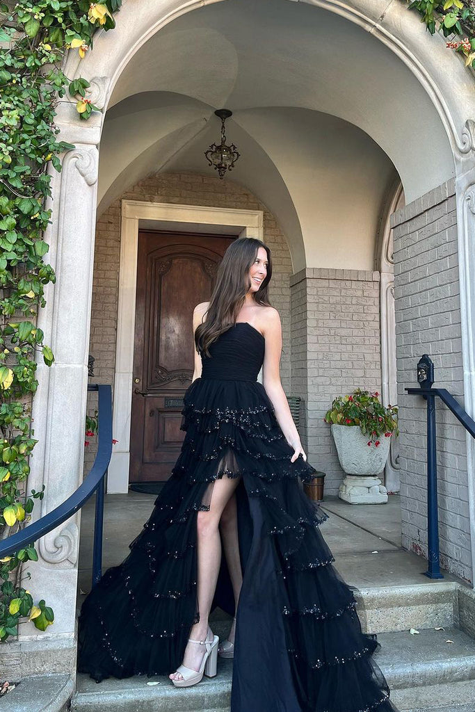strapless tiered prom dress Lace-Up Strapless Long Prom Dress with Ruffles Royal Blue / 6