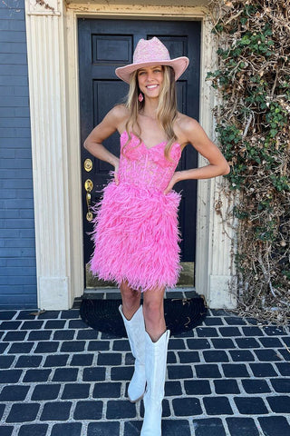 Bodycon Strapless Pink Appliques Short Homecoming Dress with Feather MD4051903