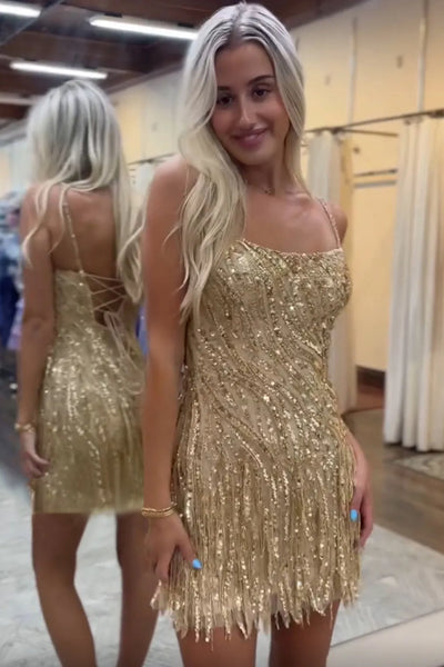 Gold Spaghetti Straps Sequins Short Homecoming Dresses DM24080509