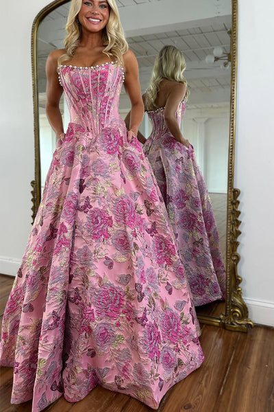 Gorgeous A Line Scoop Neck Jacquard Satin Prom Dress with Pockets DM52120804