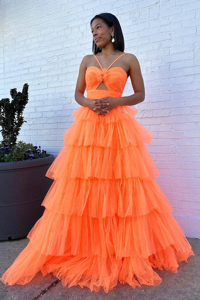 orange long prom dress Orange Tle ss with Plunging Neline and Long Train