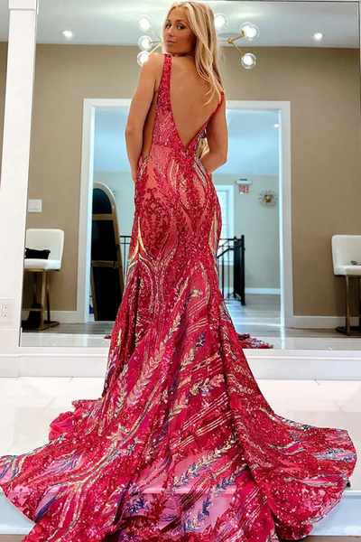 Stunning Mermaid Sleeveless V-Neck Sequins Appliques Long Prom Dress DM25102804