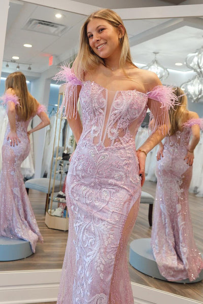 Mermaid Off the Shoulder Sequins Appliques Pink Long Prom Dress MD4031503