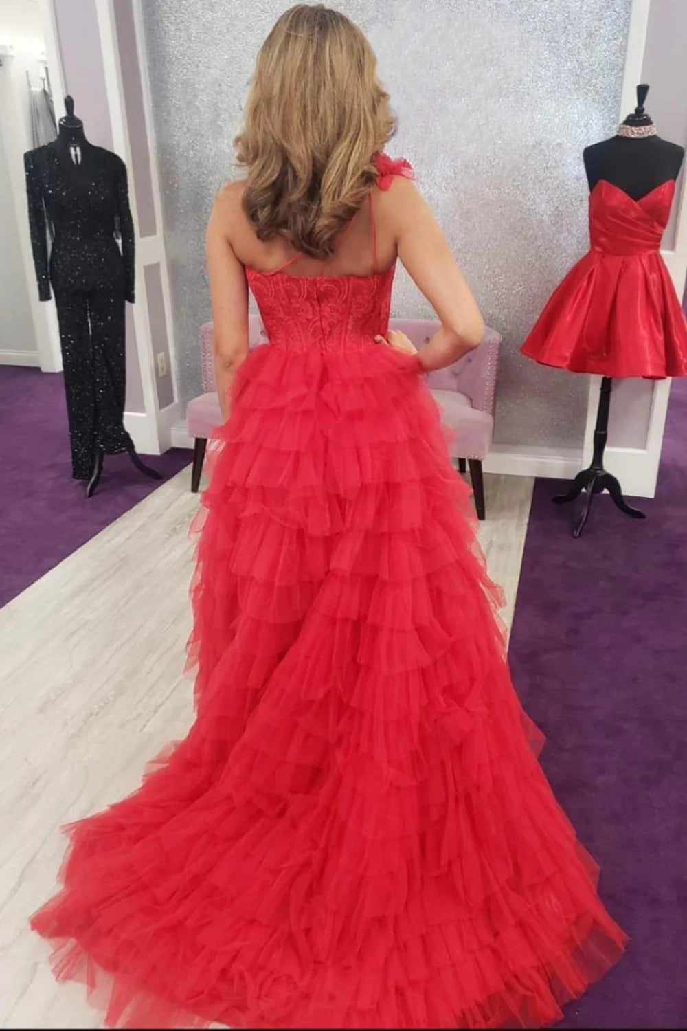 Black One Shoulder Corset Tiered Long Prom Dress with