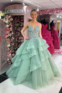 Green Sweetheart Ruffle Tiered Long Prom Dresses with Appliques MD4011701