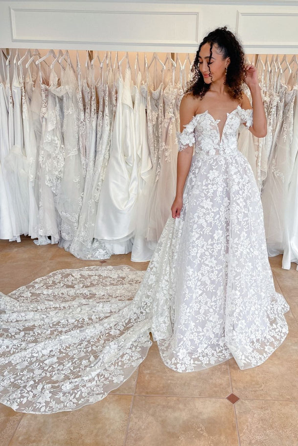 Cute A Line Sweetheart Off the Shoulder Lace Wedding Dresses LDWD3061912
