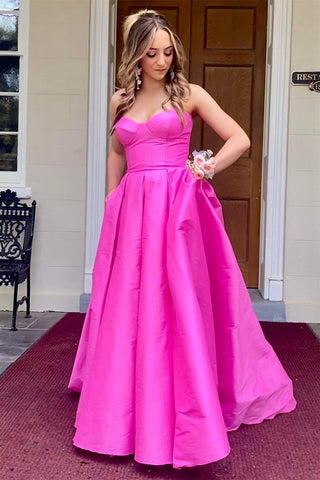 Fuchsia Strapless Satin Sweeping Long Prom Dress MD103006