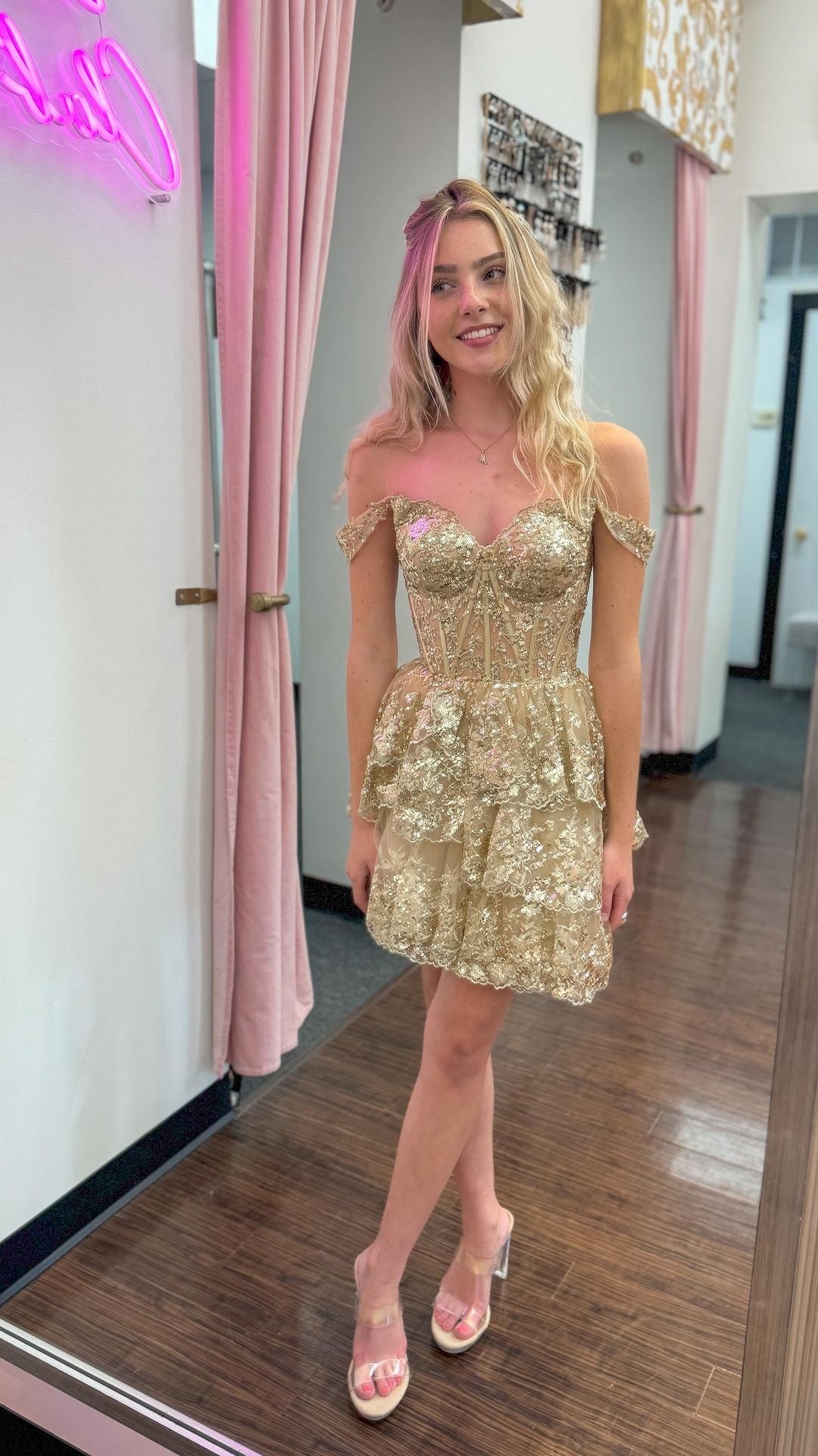Fashion Cute A Line Off the Shoulder Gold Short Homecoming Dresses  DM24101901 – Dressmeet