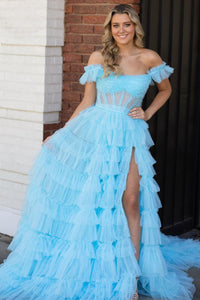 Off the Shoulder Ruffle Blue Layered Tulle Prom Dress with Slit MD113002