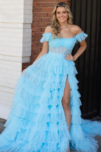 Off the Shoulder Ruffle Blue Layered Tulle Prom Dress with Slit MD113002