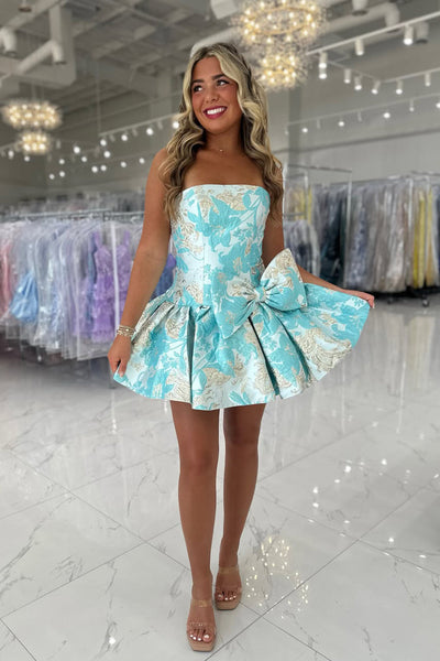 A Line Strapless Mint Jacquard Satin Homecoming Dress with Bow DM12060908