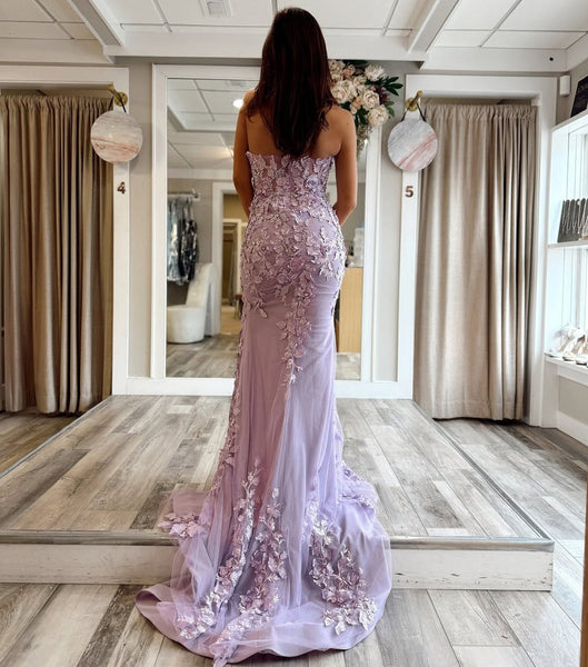 Mermiad Sweetheart Lilac Lace Appliques Long Prom Dresses with Side Spit DM25101606
