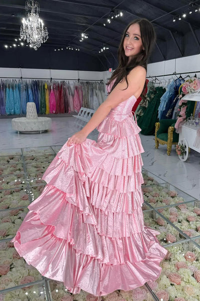 Cute A Line Sweetheart Pink Hot Fix Satin Tiered Prom Dress DM26011303