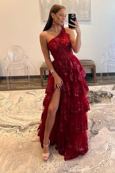 Red One Shoulder Lace Appliques A-line Long Prom Dress MD121403