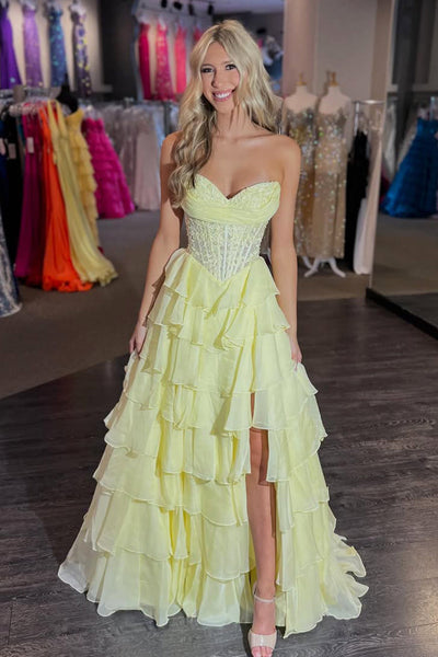 A Line Sweetheart Daffodil Chiffon Tiered Slit Prom Dress with Appliques DM15010404