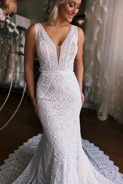 Mermaid V Neck Floral Lace Wedding Dresses MD112203