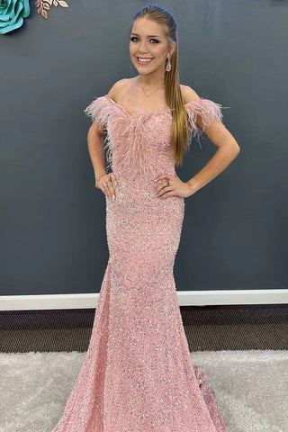 Pink Sequin Feather Off-the-Shoulder Mermaid Long Prom Gown MD092605