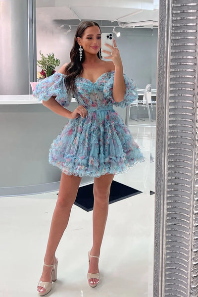 Blue Sweetheart Puff Sleeves Short A-Line Homecoming Dresses DM24080506