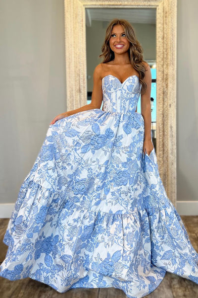 Gorgeous A Line Sweetheart Light Blue Jacquard Satin Tiered Prom Dress DM120609