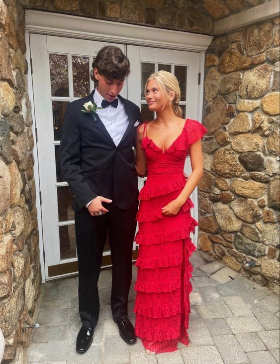 Cute Sheath V Neck Red Lace Tiered Long Prom Dress with Slit DM24121704 Dressmeet Cute Sheath V Neck Red Lace Tiered Long Prom Dress with Slit DM24121704 Dressmeet