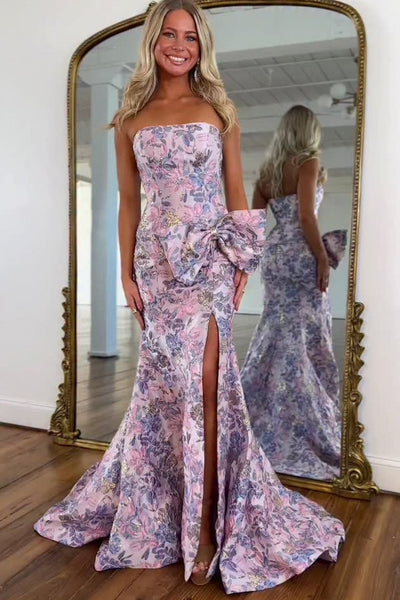 Cute Mermaid Strapless Jacquard Satin Long Prom Dress with Slit DM52101403