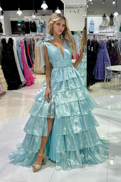 Light Blue V Neck Ruffle Tiered Long Prom Dresses with Slit MD4011503