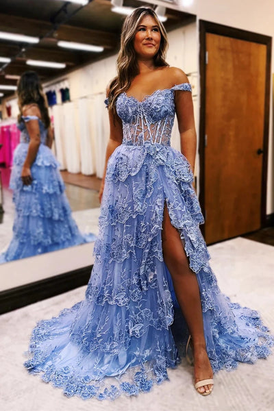 Periwinkle Tulle Appliques Off-the-Shoulder Ruffle Long Prom Dress MD122502