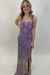 Mermaid Spaghetti Straps Purple Sequins Long Prom Dress with Slit MD4050901