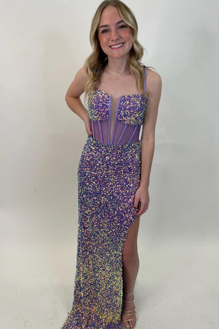 Mermaid Spaghetti Straps Purple Sequins Long Prom Dress with Slit MD4050901