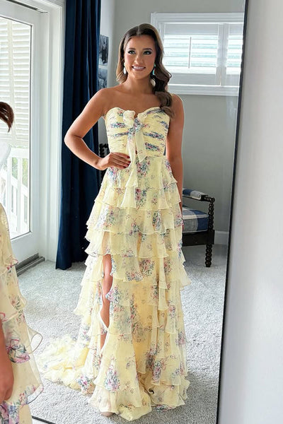 Cute A Line Sweetheart Floral Chiffon Tiered Prom Dress DM26011302