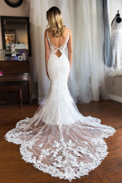 Charming Mermaid V Neck Lace Long Wedding Dresses with Appliques DM24100502