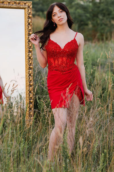 Red Sequin Lace Bustier Short Homecoming Dress with Slit MD090402