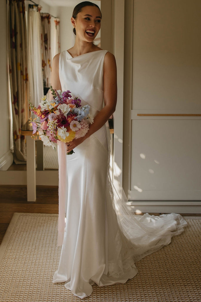 Romantic Sheath Boat Neck Silk Satin Long Weddingl Dresses DM241804 – Dressmeet Romantic Sheath Boat Neck Silk Satin Long Weddingl Dresses DM241804 – Dressmeet