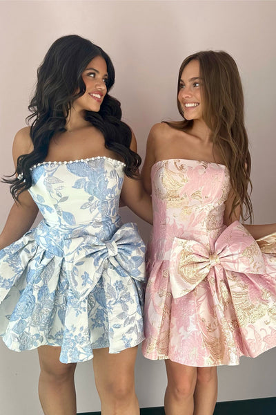 A Line Strapless Light Blue Jacqaurd Satin Homecoming Dress DM12070706