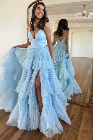 Light Blue Tulle V Neck Spaghetti Straps Long Prom Dress DM3082811