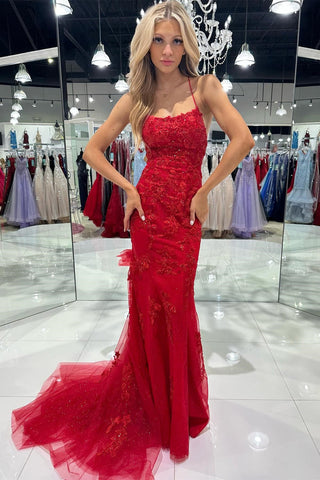 Red Tulle Appliques Scoop Neck Lace-Up Mermaid Long Dress MD111204