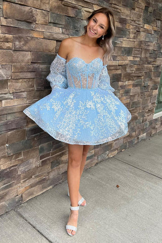 Light Blue Sweetheart Short Homecoming Dresses with Sleeves DM24071913