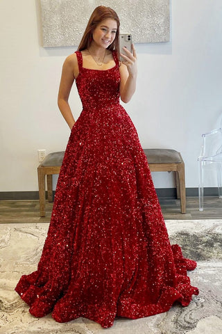 Red Sequin Square Neck Open Back Ball Gown MD092406