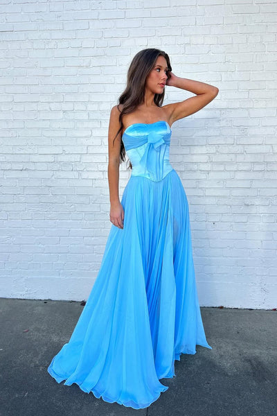 A Line Strapless Blue Chiffon Prom Dress with Bow DM1111408