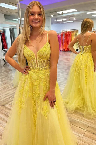 Yellow Spaghetti Straps A-line Lace Appliques Prom Dress MD100407