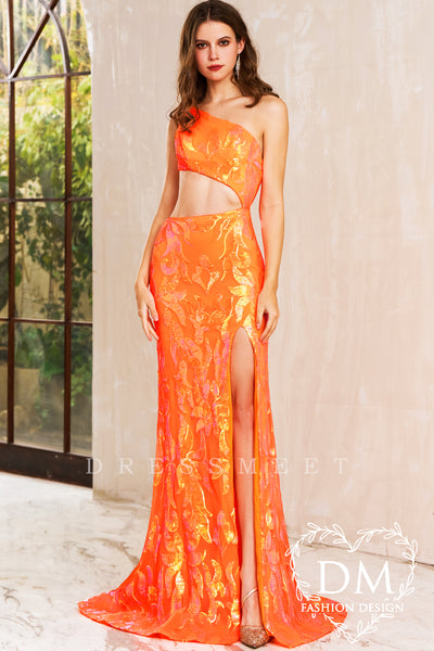 Orange Sequins Lace One Shoulder Mermaid Long Prom Dress MD122104
