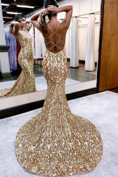 Golden V Neck Sequin Sparkly Mermaid Prom Dress MD092801