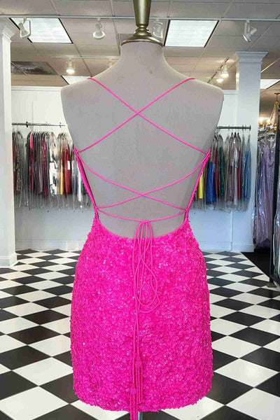 Scoop Neck Hot Pink Sequins SHort Homecoming Dress MD091609
